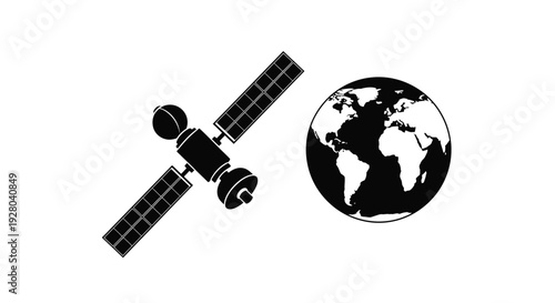A stylized depiction of a satellite orbiting planet earth in space