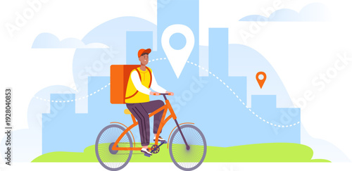 Courier ride bicycle. Urban delivery color concept