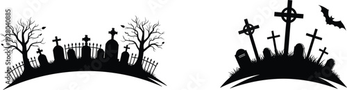 Spooky Graveyard Silhouette Set with Tombstones, Crosses and Dead Trees, Halloween Cemetery Landscape, Black Gothic Vector Illustration Isolated on White