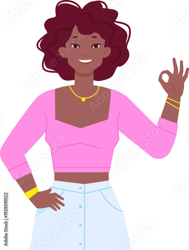 Girl show ok gesture. Cheerful young woman