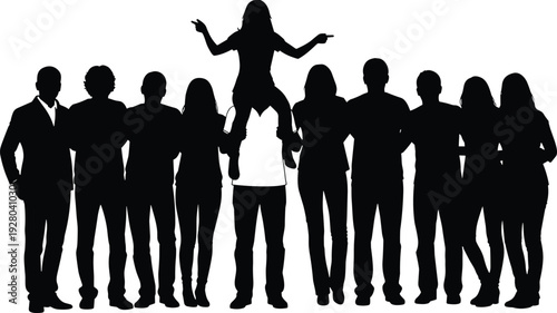 Silhouette of group supporting woman on shoulders, teamwork leadership concept, diverse people standing isolated on white background illustration