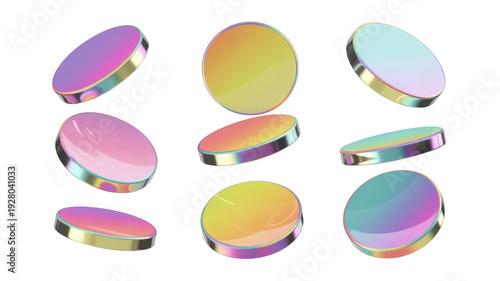 3d abstract glass coins flying. Blue, yellow, purple money stack chrome liquid effect. Fall casino neon coin. Holographic payment element. Circle gradient shape. Vector mesh illustration
