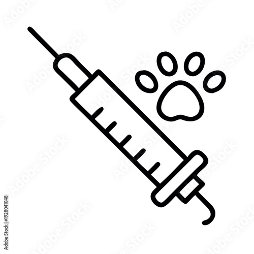 Stylized vector icon of a syringe and paw print, symbolizing pet vaccination, medical care, and veterinary services.