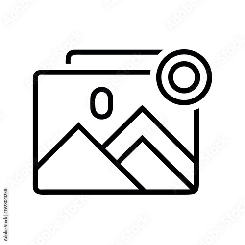 Outline vector graphic of a photo album or image gallery icon with mountains, symbolizing memories and travel.