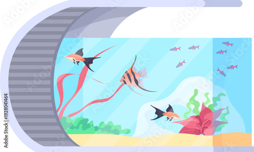 Water aquarium with exotic fauna. Cartoon fish container