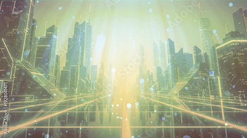 Animated city background with beams of light