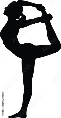A graceful female figure in a challenging yoga pose, pure black silhouette, a clean white background