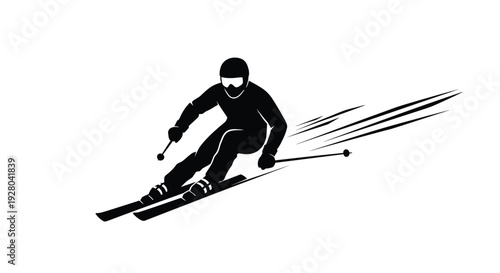 Silhouette of a skier in motion depicted with speed lines