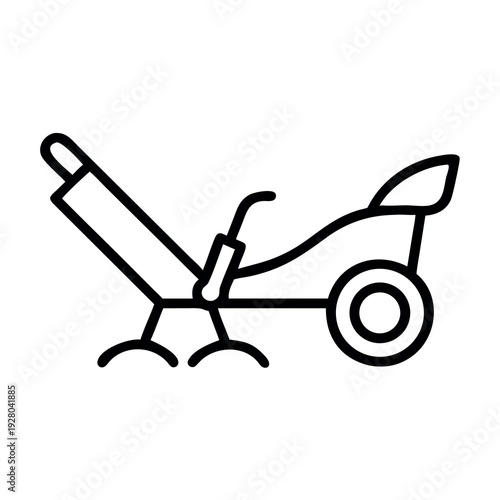 Line art illustration of a tiller or cultivator, an agricultural tool for soil preparation