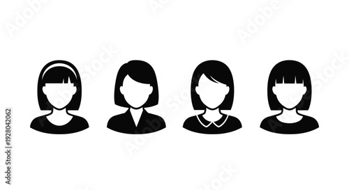 Four black silhouette icons depicting diverse female profile portraits