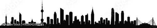 A panoramic modern city skyline with distinct architectural landmarks, pure black silhouette, a clean white background
