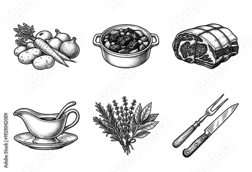 Vintage woodcut style collection of roast beef dinner ingredients and kitchen tools featuring vegetables herbs and gravy boat