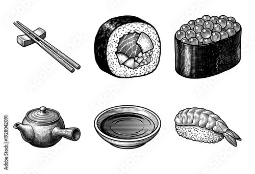 Set of monochrome hand drawn sushi and Japanese cuisine illustrations featuring maki rolls, nigiri, gunkan, teapot, and soy sauce in vintage woodcut style.