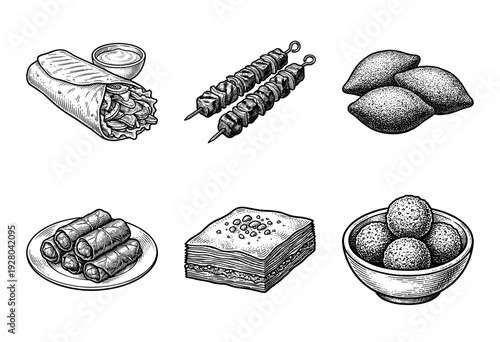 Middle Eastern and Mediterranean food collection featuring hand drawn engraving style illustrations of shawarma, kebabs, kibbeh, dolma, baklava, and falafel