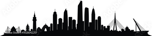 A panoramic modern city skyline with distinct architectural landmarks, pure black silhouette, a clean white background