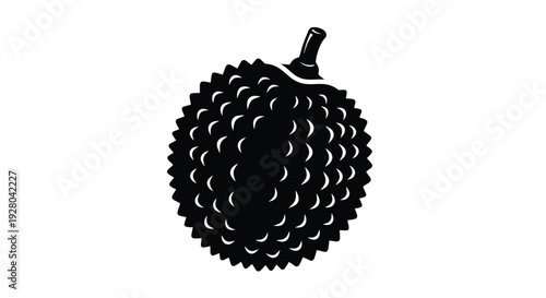 A stark black silhouette of a durian fruit with a prominent stem