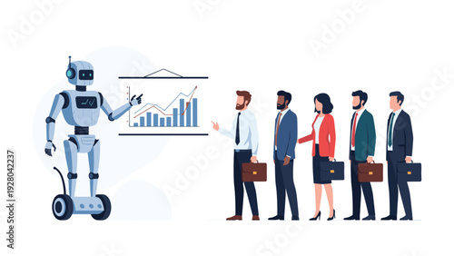 Artificial intelligence robot standing on a segway platform giving a business presentation to a diverse group of professional office workers.