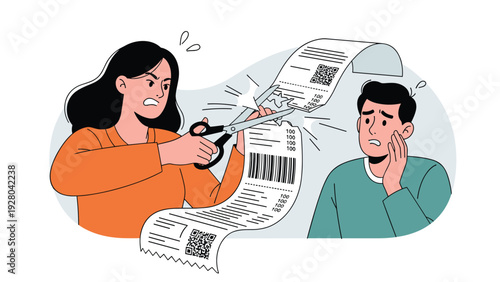 Angry woman using large scissors to cut a long shopping receipt while a worried man watches the family budget being reduced or audited.