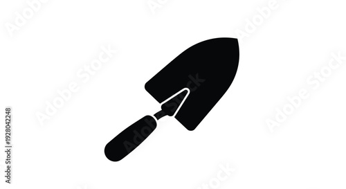 Simple black silhouette of a gardening trowel on a white background