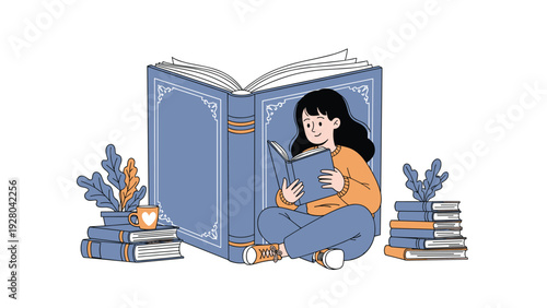 Young girl sitting on the floor lost in a story while reading a book in front of a giant open fantasy book surrounded by stacks of literature.