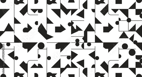 A repeating pattern of simple geometric shapes like triangles, circles, and squares, forming a complex yet clean pure black silhouette, a clean white background