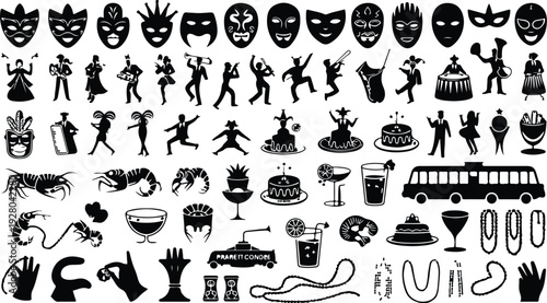 Mardi Gras Silhouette Icon Collection Mardi Gras Typography Silhouette Icon Set