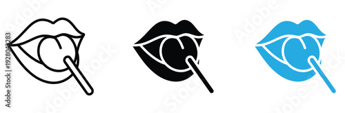 Lollipop and Lips Icon Set for Candy Shop, Sweet Food Dessert, and Sugar Treat Concept Vector Illustration