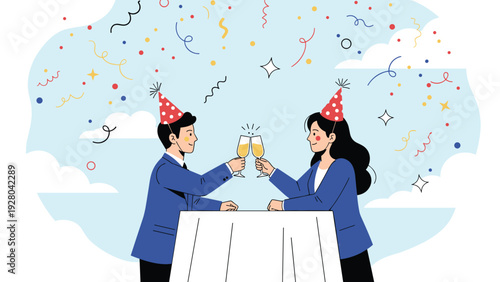 Happy business man and woman wearing party hats clinking champagne glasses during a corporate celebration with colorful falling confetti.