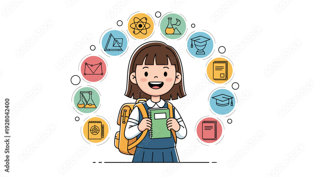 Naklejka premium Smiling schoolgirl wearing a backpack and holding a notebook surrounded by icons representing science, math, and various educational subjects.