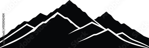 A serene, layered mountain range with distinct peaks and valleys, pure black silhouette, a clean white background