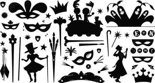 Mardi Gras Silhouette Icon Collection Mardi Gras Typography Silhouette Icon Set
