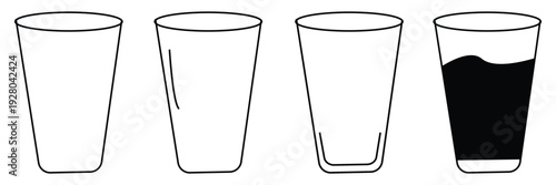Water glass icon vector set outline. Drink glass line pictogram. Water glass vector icon set. tall full, half and empty milk or water glass sign eps 10 .