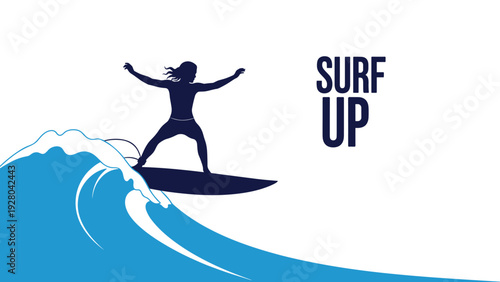 Minimalist silhouette of a surfer riding a big wave with the text SURF UP in bold letters against a clean white and blue background.