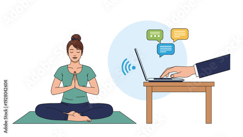 Woman practicing yoga and meditation in peace while a businessman nearby works on a laptop representing the struggle for work life balance.