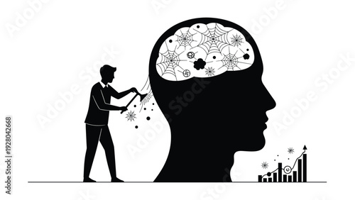 Silhouette of a man using a broom to clean cobwebs from a giant brain within a head next to a successful rising financial bar graph.