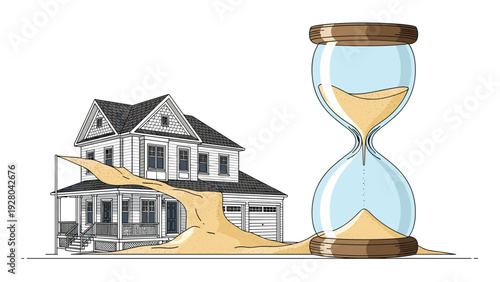 Conceptual image of a giant hourglass with sand slowly burying a traditional suburban house representing the passing of time or a deadline.