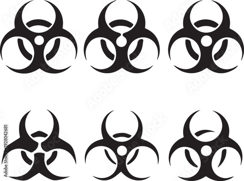 Universal Toxic Biohazard Icons – Minimalist Black Futuristic Hazard Symbol Set (Flat Vector, 6 Variations)