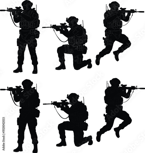 Special forces soldier silhouette set tactical military team aiming rifle isolated black combat vector illustration collection