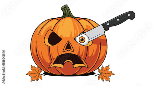 Spooky Halloween jack-o-lantern pumpkin with a scary face and an orange eye being stabbed by a large kitchen knife with autumn leaves.