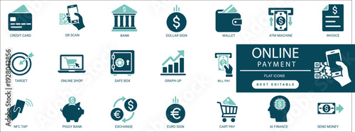 online payment  icon set of, secure, finance, money, transfer, banking, cash, transaction more. editable vector  illustration