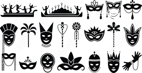 Mardi Gras Silhouette Icon Collection Mardi Gras Typography Silhouette Icon Set