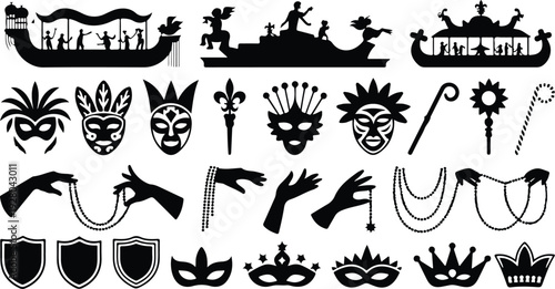 Mardi Gras Silhouette Icon Collection Mardi Gras Typography Silhouette Icon Set