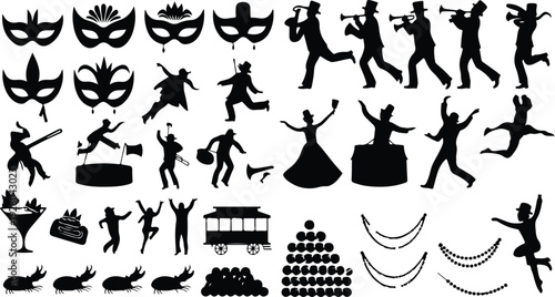 Mardi Gras Silhouette Icon Collection Mardi Gras Typography Silhouette Icon Set