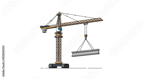 A yellow construction crane lifts a grey I-beam against a white background.
