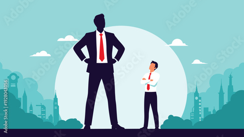 Large silhouette of successful businessman stands next to smaller professional colleague representing business growth or corporate hierarchy.