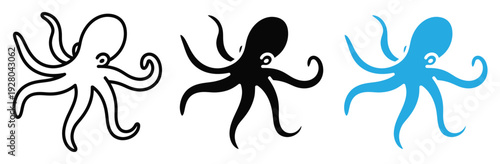 Octopus Icon Set with Brakemen Character Symbol for Marine Life, Seafood Restaurant, and Underwater Nature Concept Vector Illustration
