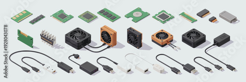 Arrangement of isometric computer hardware parts like RAM, CPUs, fans, and connectors, illustrating PC assembly, IT solutions, and the components of modern digital systems.