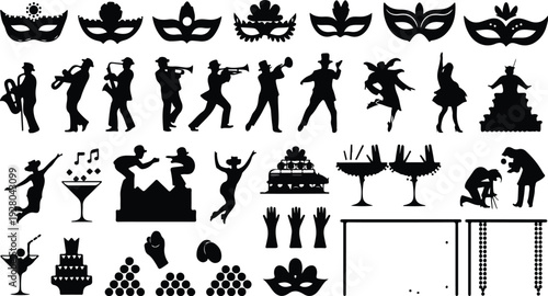 Mardi Gras Silhouette Icon Collection Mardi Gras Typography Silhouette Icon Set