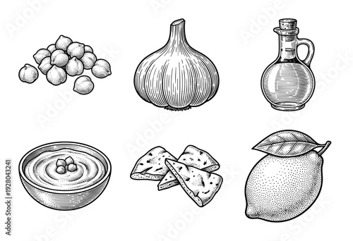Vintage woodcut style illustration of hummus ingredients including chickpeas, garlic, olive oil, pita bread, and lemon