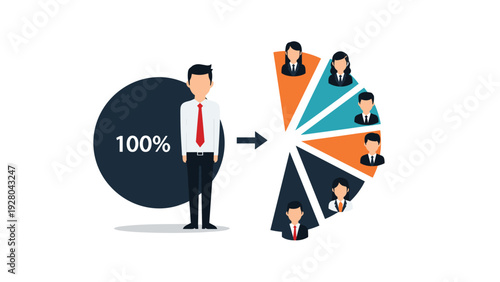 Businessman standing next to large pie chart that splits into sections containing diverse people icons symbolizing team demographics or markets.